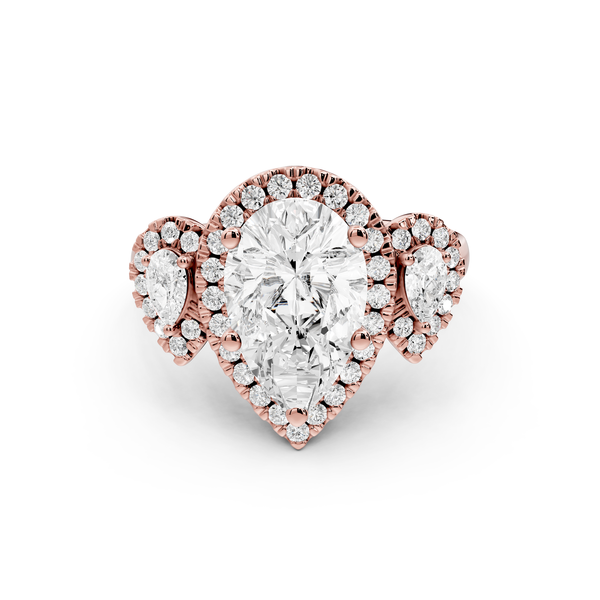 Iris - 2ct 14k rose gold Three stone pear Halo engagement ring