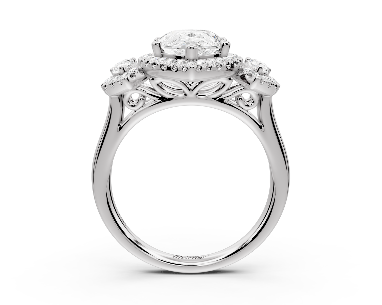Iris - 2ct platinum Three stone pear Halo engagement ring