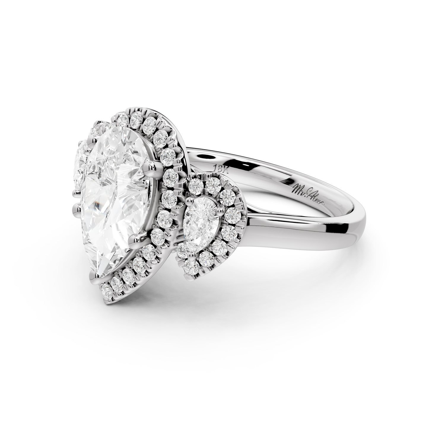 Iris - 2ct 14k white gold Three stone pear Halo engagement ring