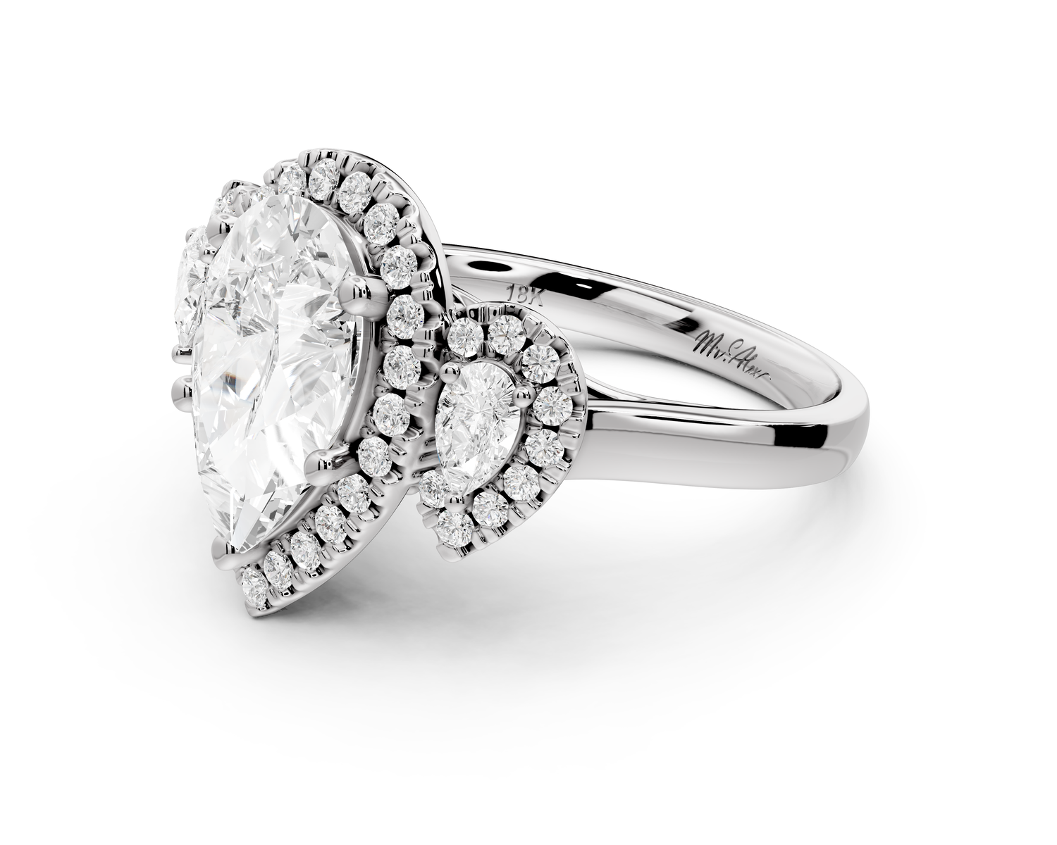 Iris - 2ct platinum Three stone pear Halo engagement ring