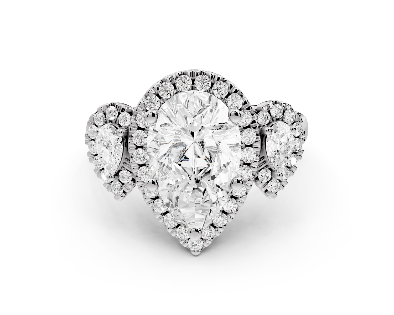 Iris - 2ct platinum Three stone pear Halo engagement ring