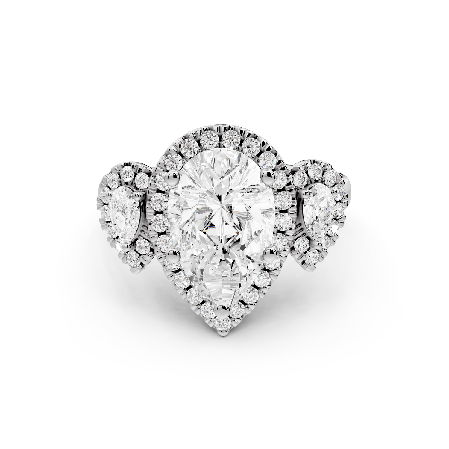 Iris - 2ct 18k white gold Three stone pear Halo engagement ring