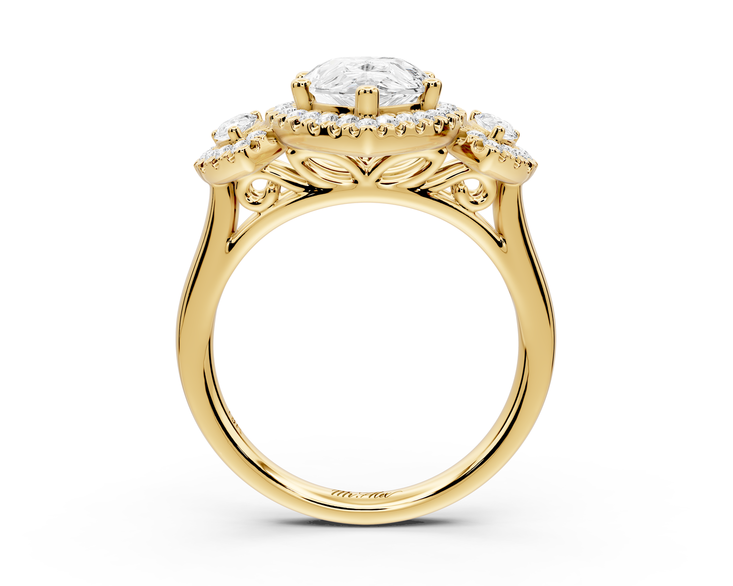 Iris - 2ct 14k yellow gold Three stone pear Halo engagement ring