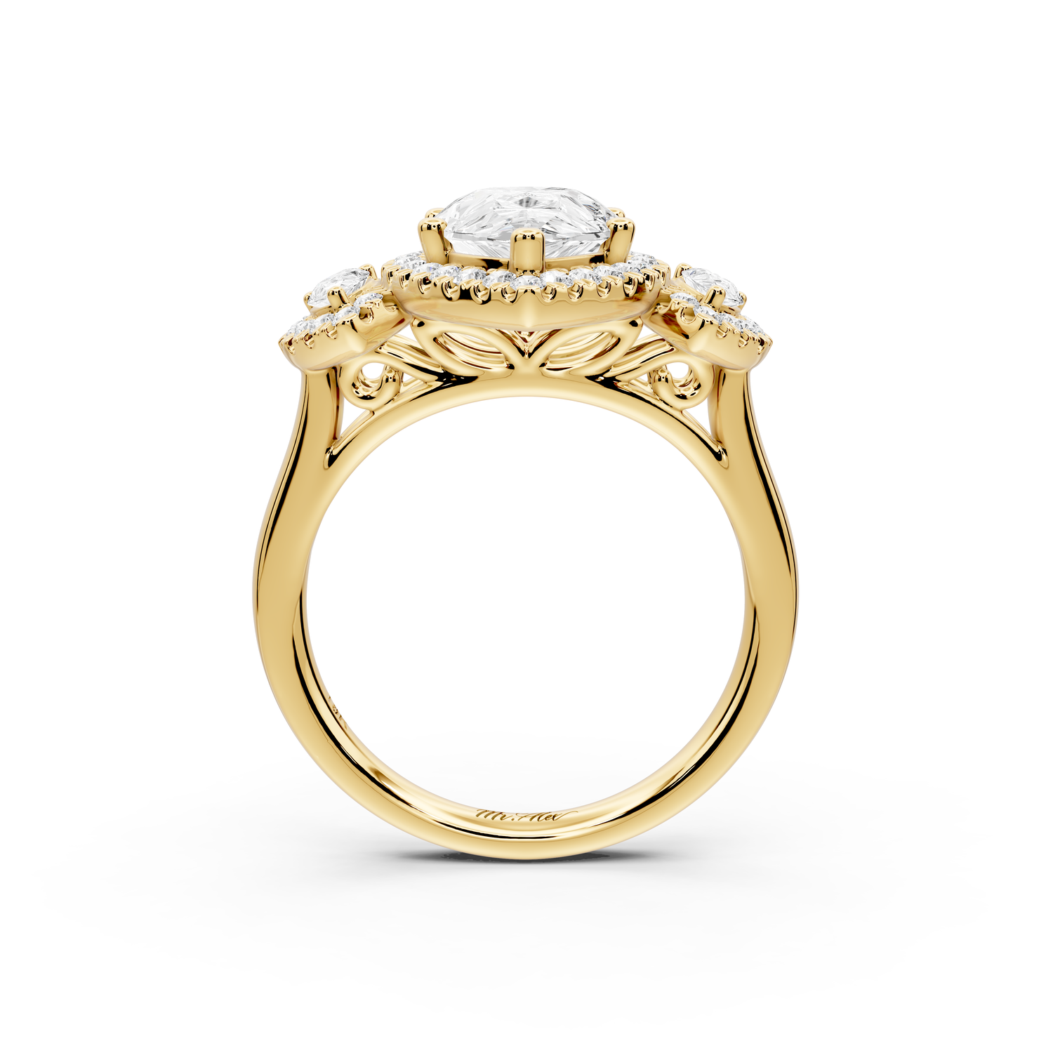 Iris - 2ct 14k yellow gold Three stone pear Halo engagement ring