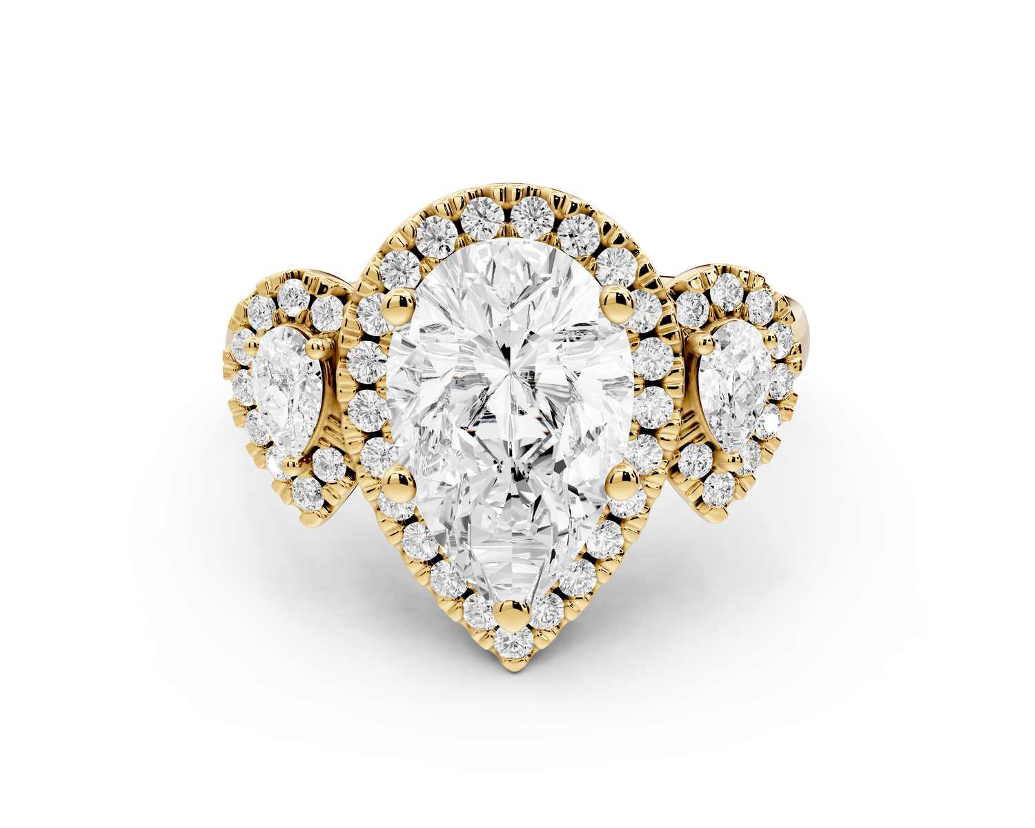 Iris - 2ct 14k yellow gold Three stone pear Halo engagement ring
