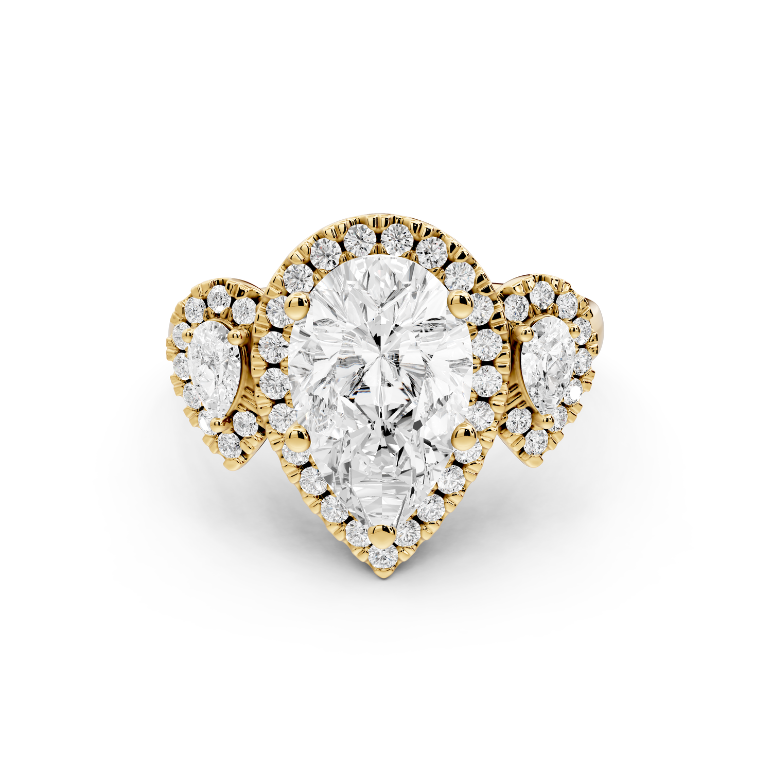 Iris - 2ct 14k yellow gold Three stone pear Halo engagement ring