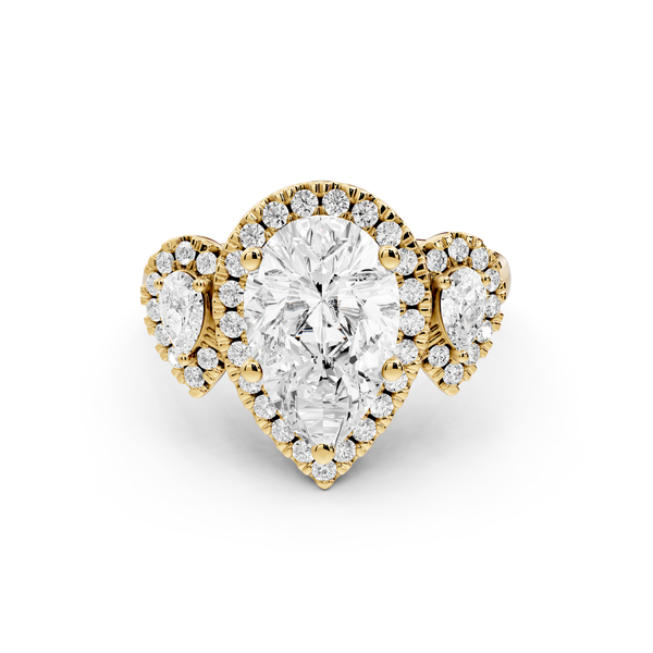 Iris - 2ct 14k yellow gold Three stone pear Halo engagement ring