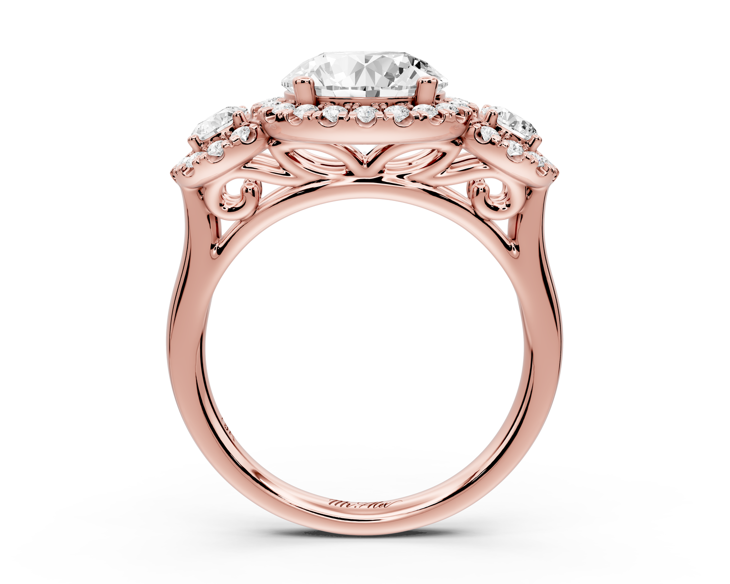 Iris - 2ct 14k rose gold Three stone round Halo engagement ring