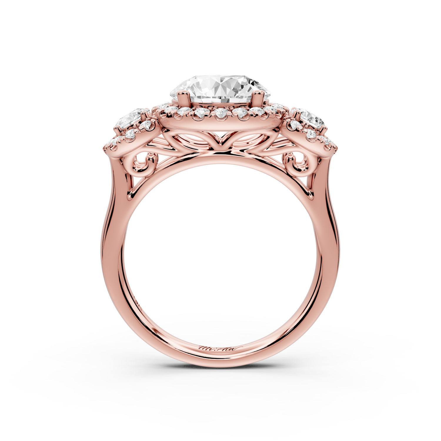 Iris - 2ct 14k rose gold Three stone round Halo engagement ring