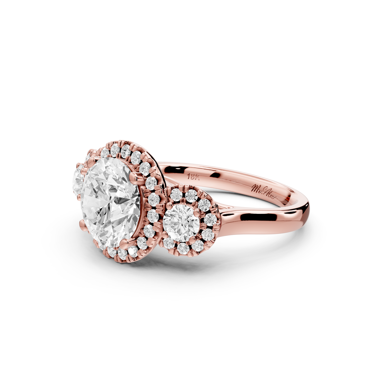 Iris - 2ct 14k rose gold Three stone round Halo engagement ring