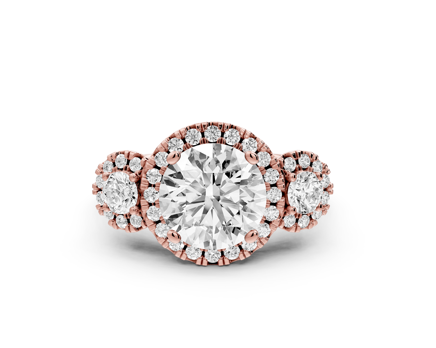 Iris - 2ct 14k rose gold Three stone round Halo engagement ring