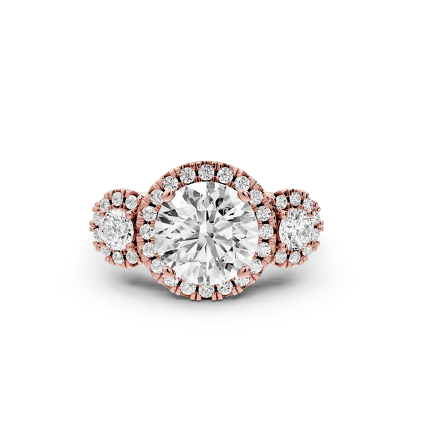 Iris - 2ct 14k rose gold Three stone round Halo engagement ring