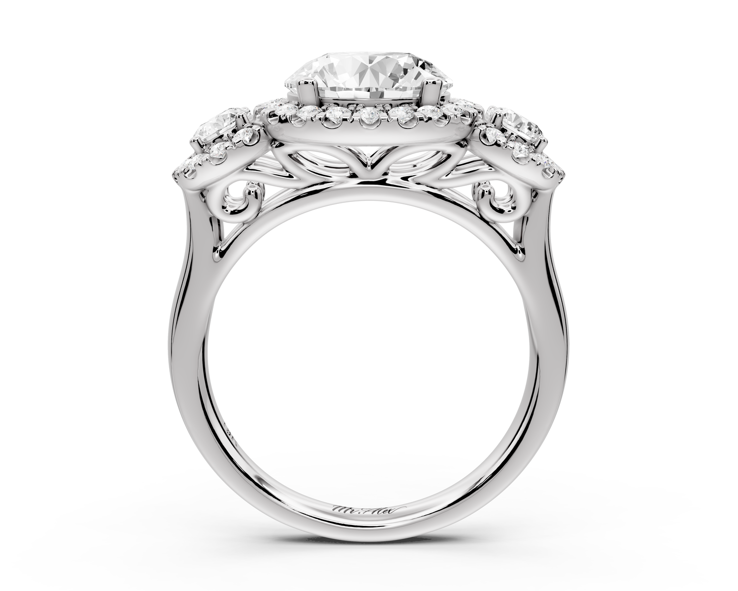 Iris - 2ct 14k white gold Three stone round Halo engagement ring
