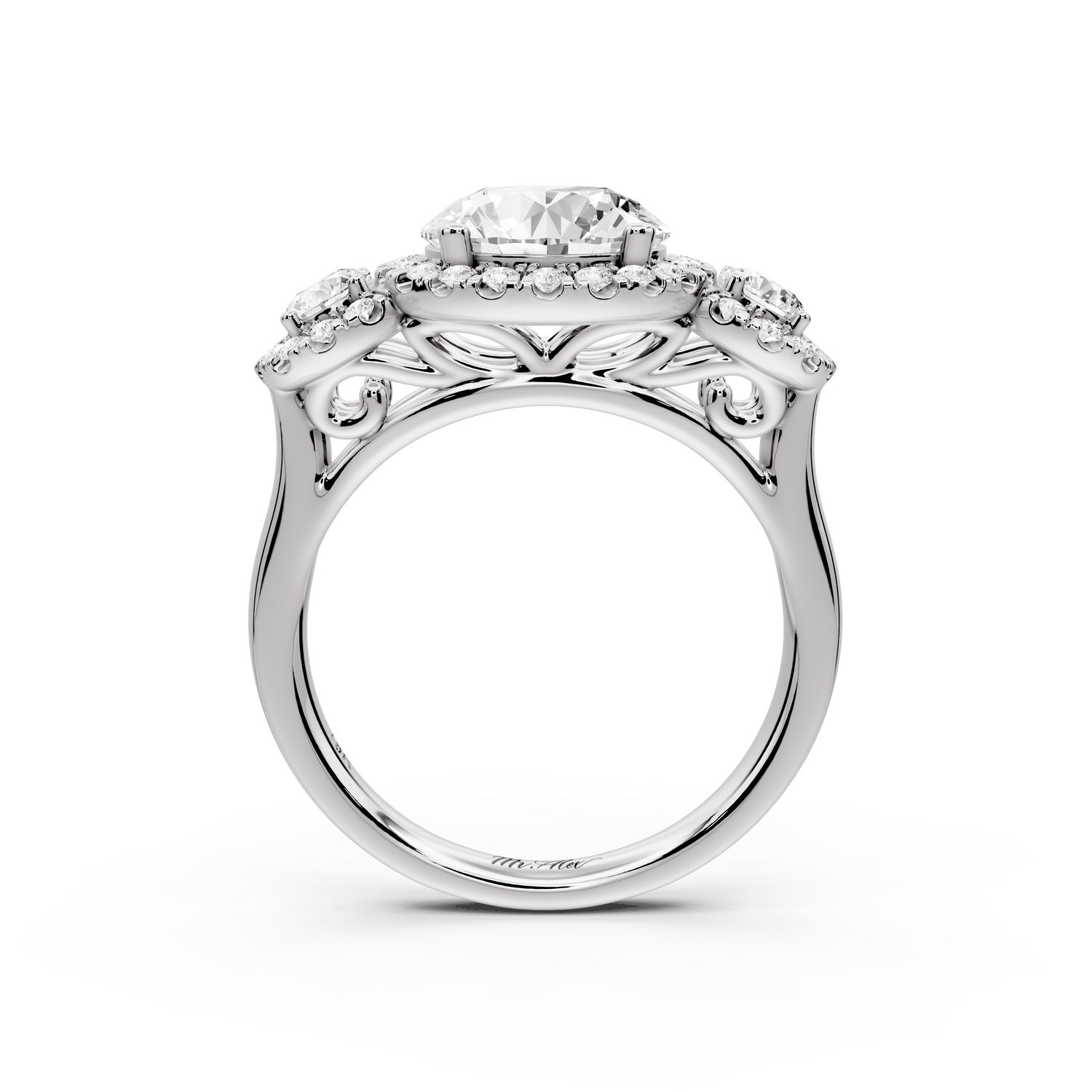 Iris - 2ct 14k white gold Three stone round Halo engagement ring