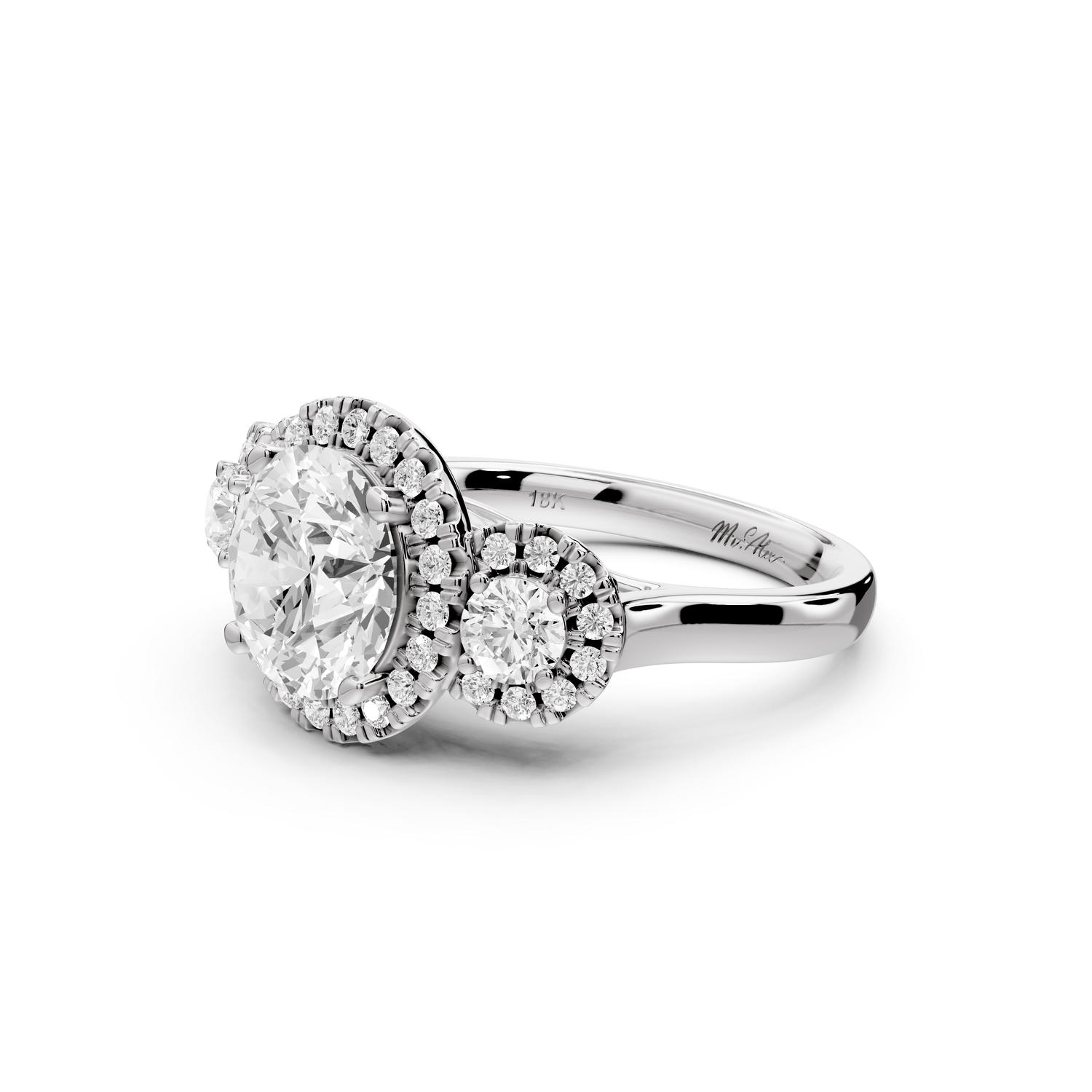 Iris - 2ct 14k white gold Three stone round Halo engagement ring