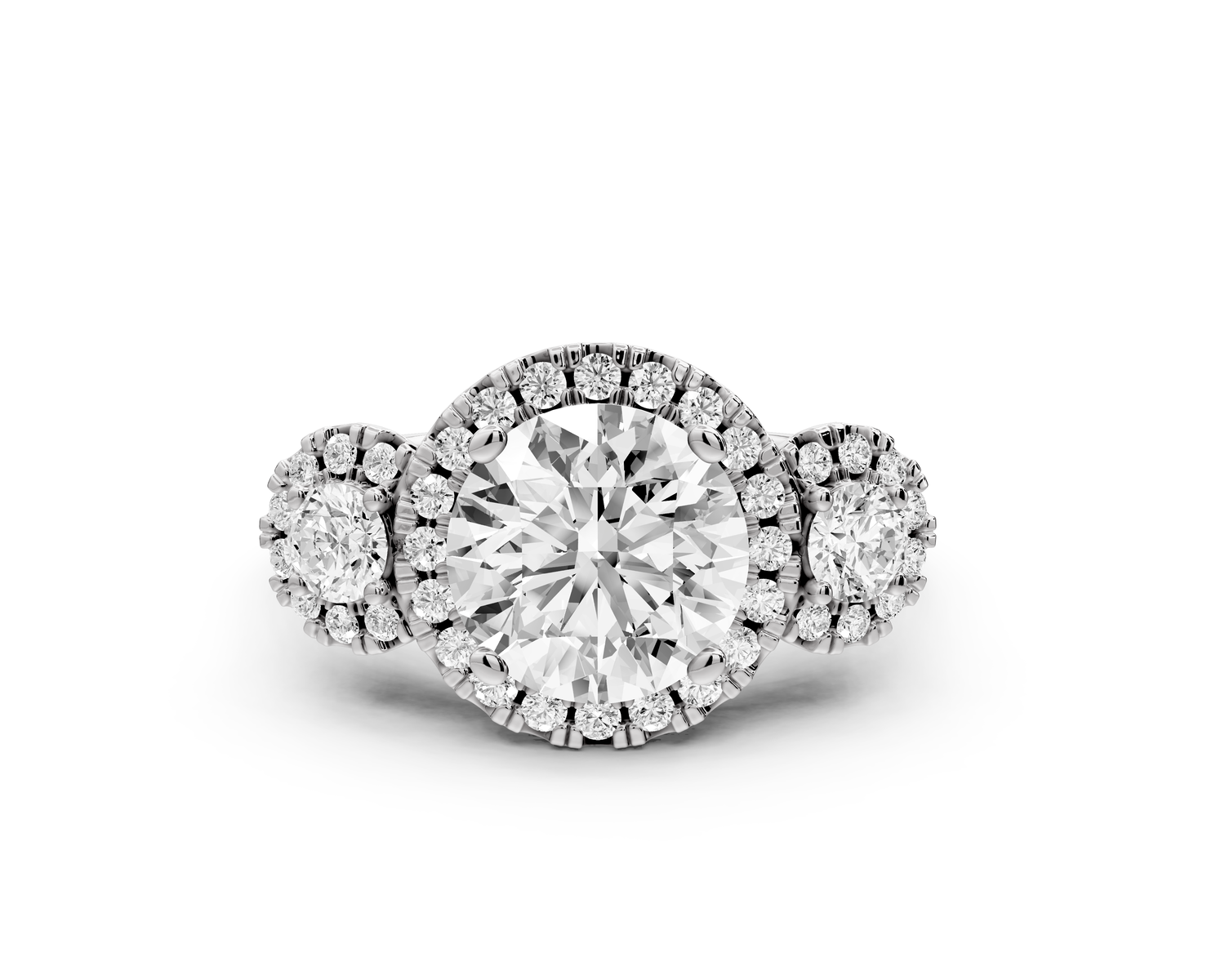 Iris - 2ct 14k white gold Three stone round Halo engagement ring