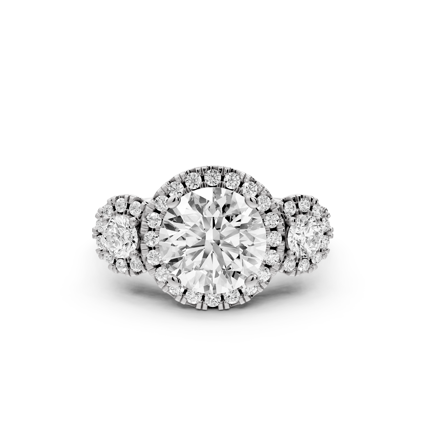 Iris - 2ct 14k white gold Three stone round Halo engagement ring