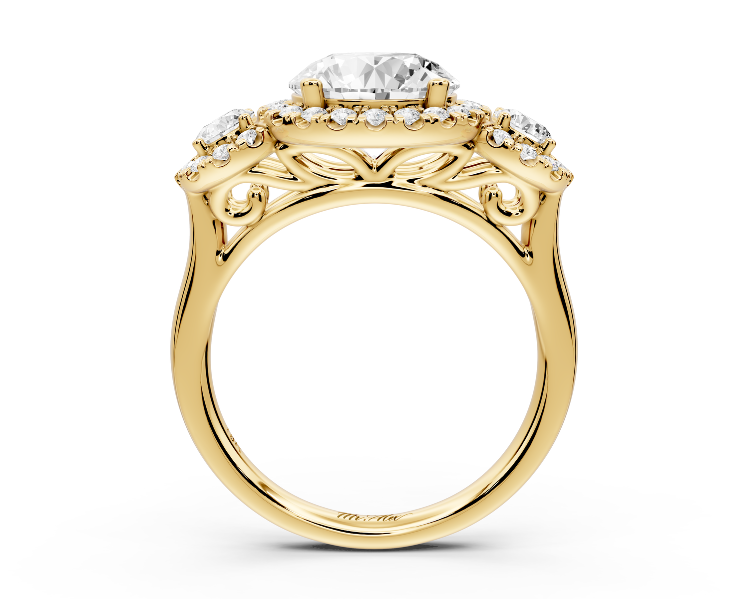 Iris - 2ct 14k yellow gold Three stone round Halo engagement ring