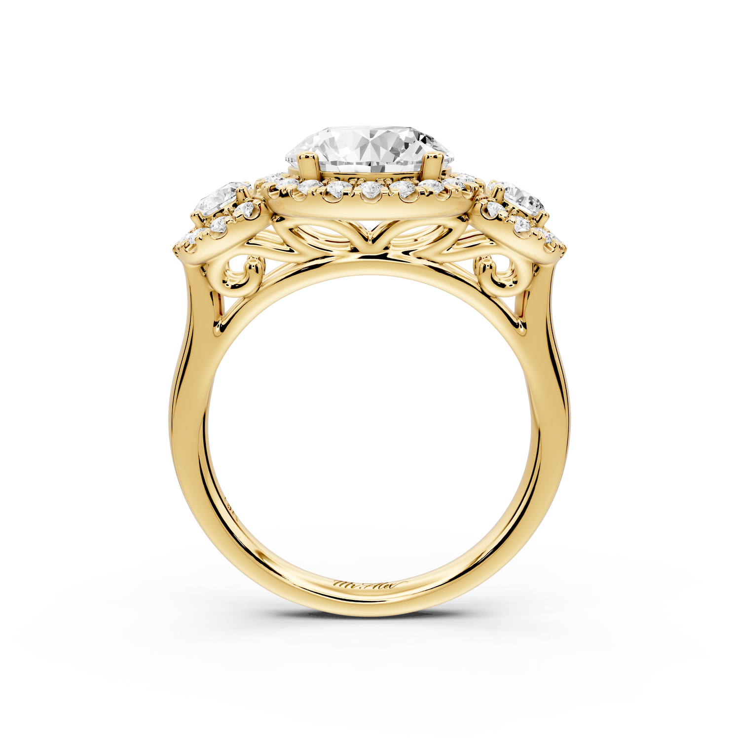 Iris - 2ct 14k yellow gold Three stone round Halo engagement ring