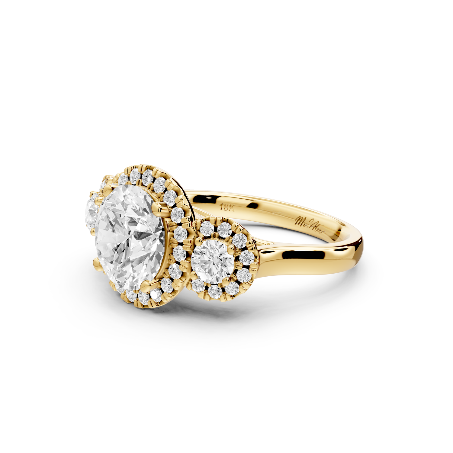 Iris - 2ct 14k yellow gold Three stone round Halo engagement ring