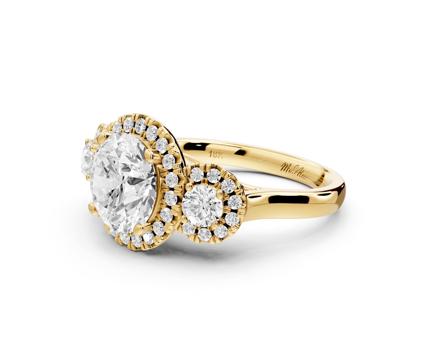 Iris - 2ct 18k yellow gold Three stone round Halo engagement ring