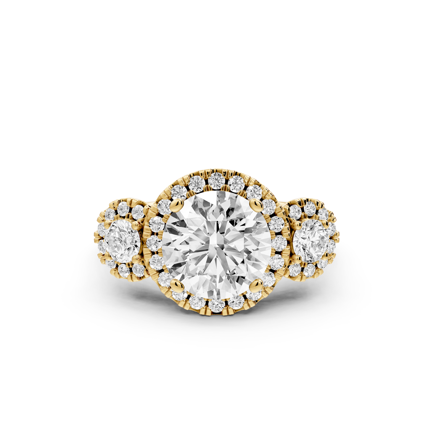 Iris - 2ct 14k yellow gold Three stone round Halo engagement ring