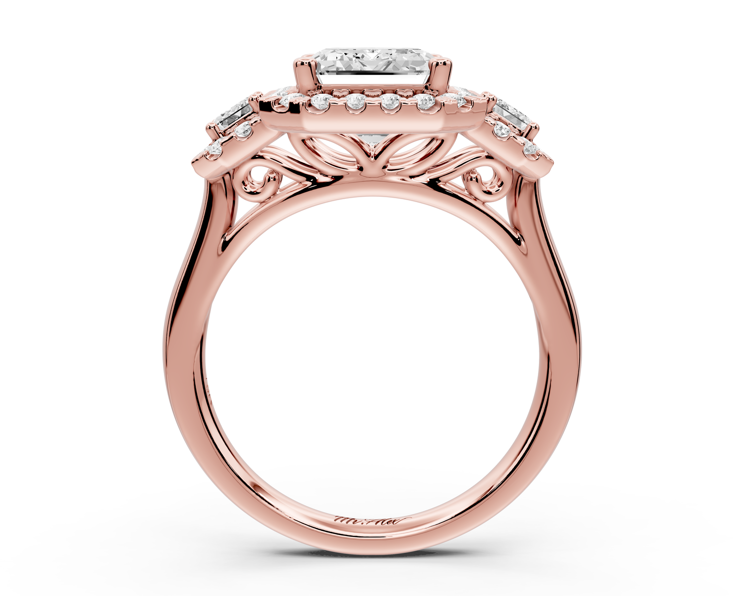Iris - 3ct 14k rose gold Three stone emerald Halo engagement ring