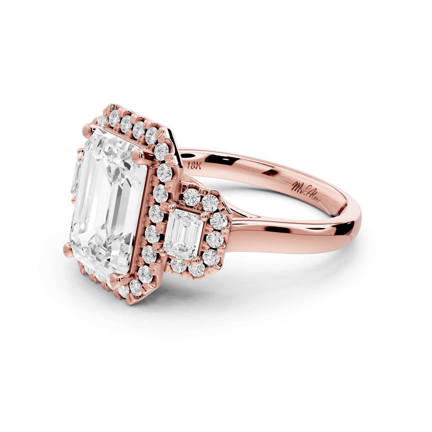 Iris - 3ct 14k rose gold Three stone emerald Halo engagement ring