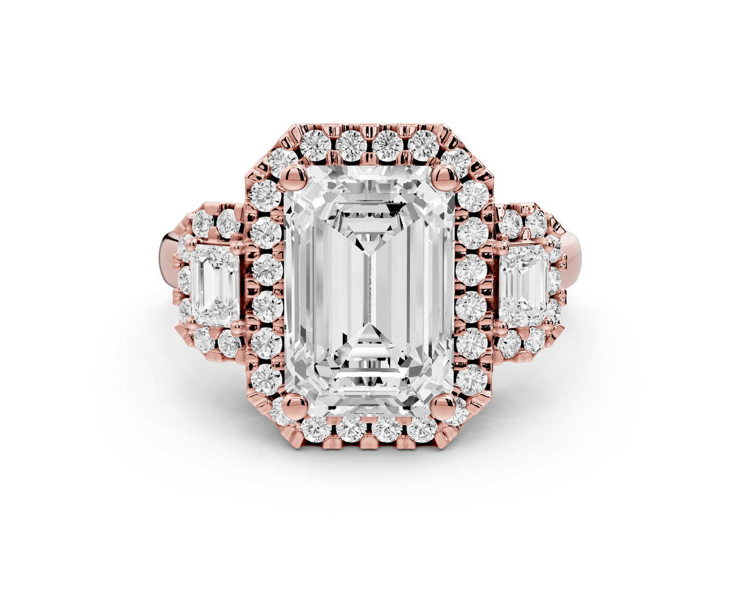 Iris - 3ct 14k rose gold Three stone emerald Halo engagement ring