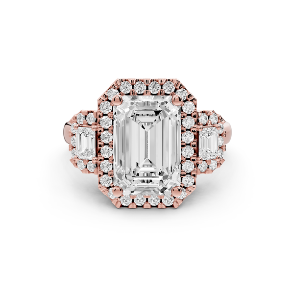 Iris - 3ct 14k rose gold Three stone emerald Halo engagement ring