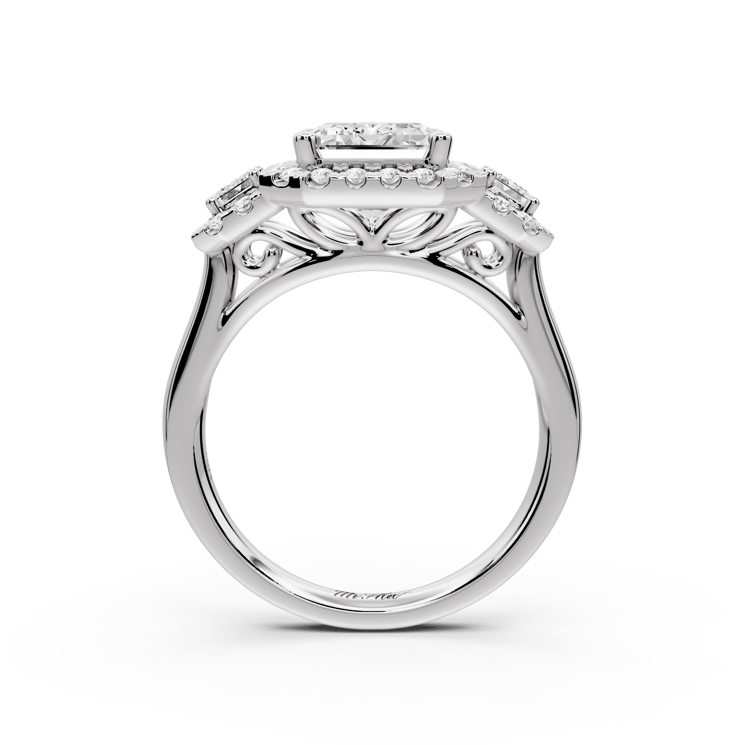 Iris - 3ct 14k white gold Three stone emerald Halo engagement ring