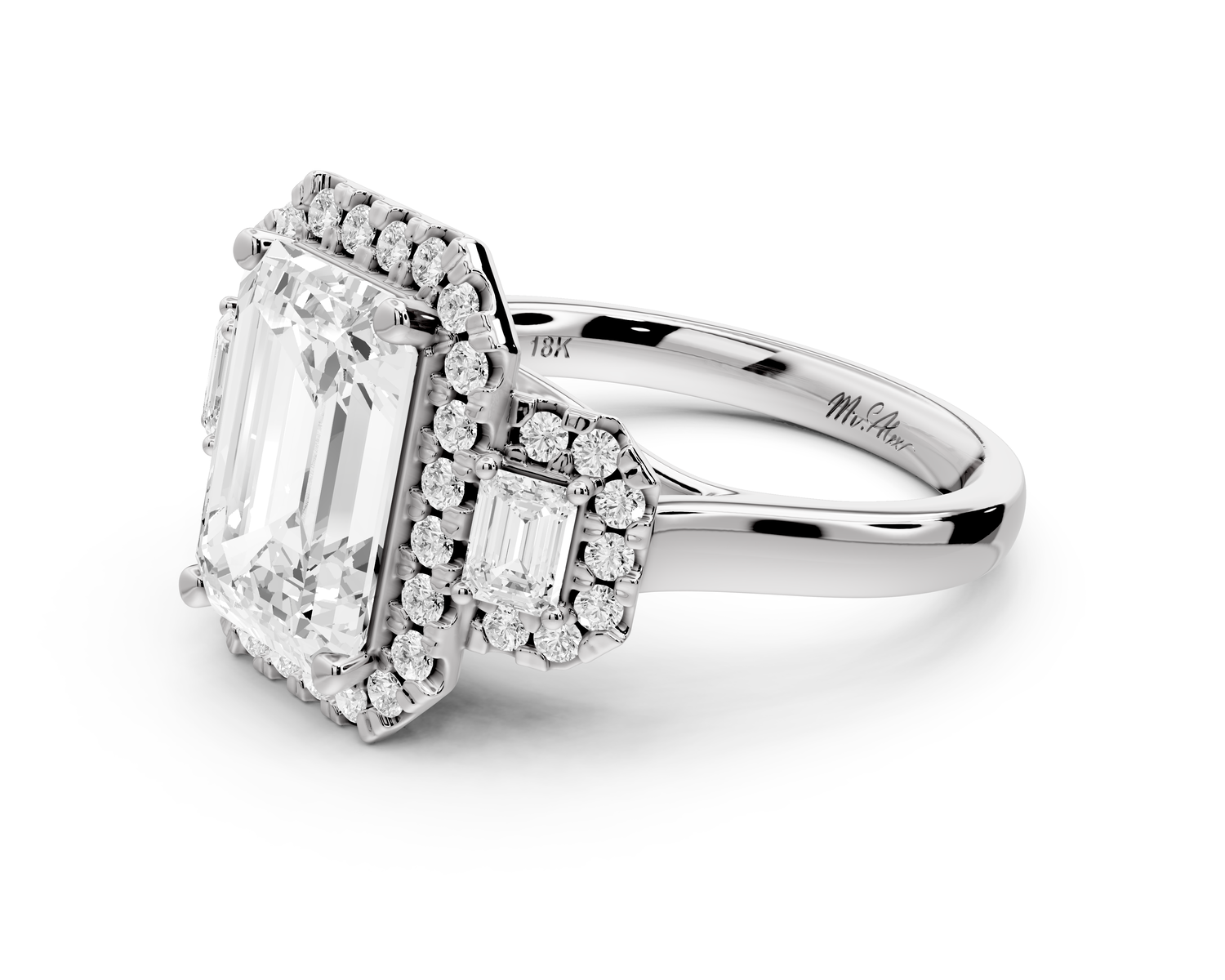 Iris - 3ct 14k white gold Three stone emerald Halo engagement ring