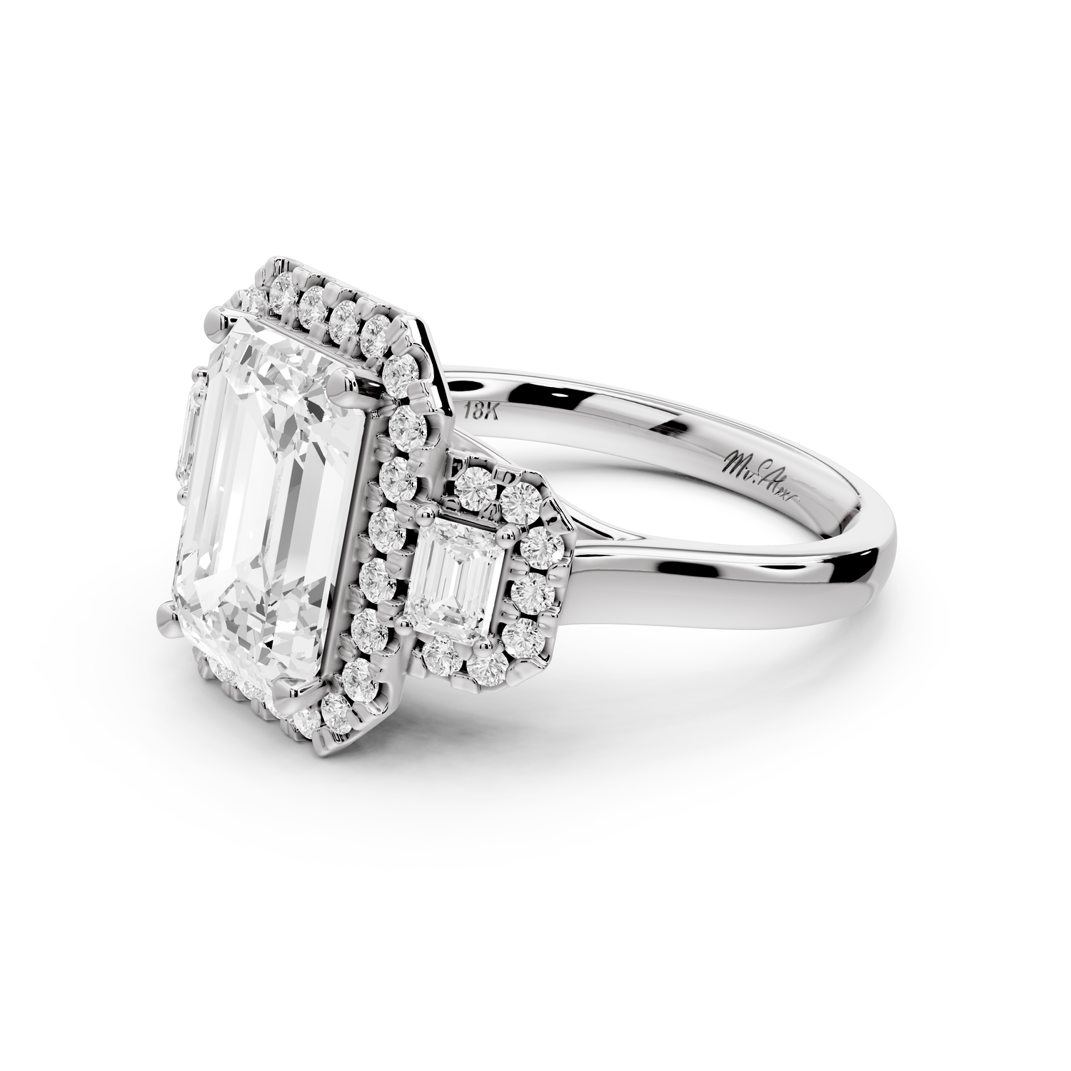 Iris - 3ct 14k white gold Three stone emerald Halo engagement ring