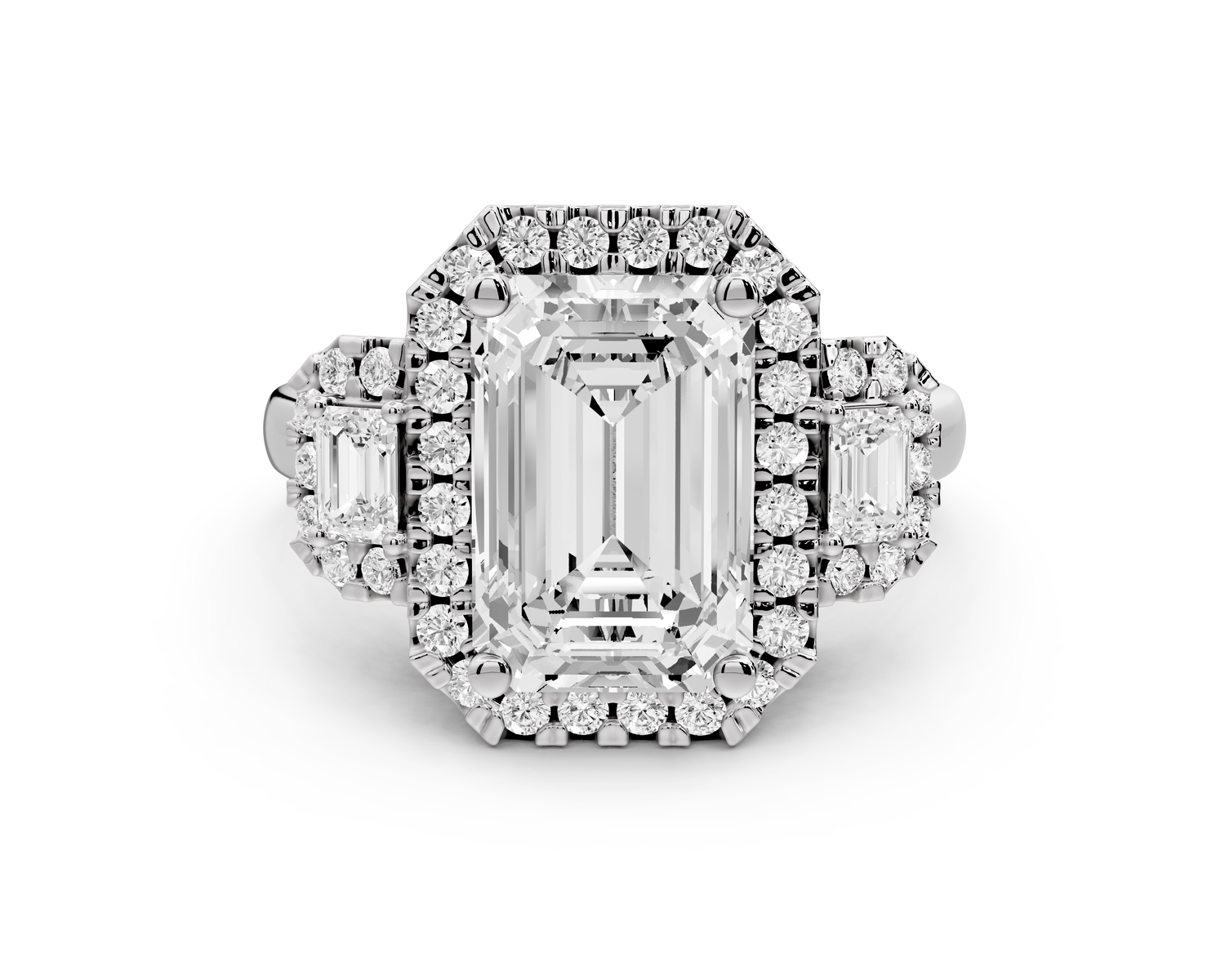 Iris - 3ct 14k white gold Three stone emerald Halo engagement ring
