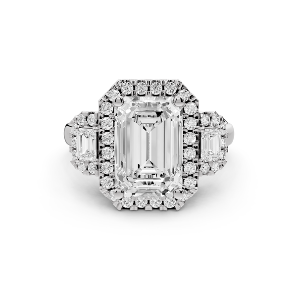 Iris - 3ct 14k white gold Three stone emerald Halo engagement ring