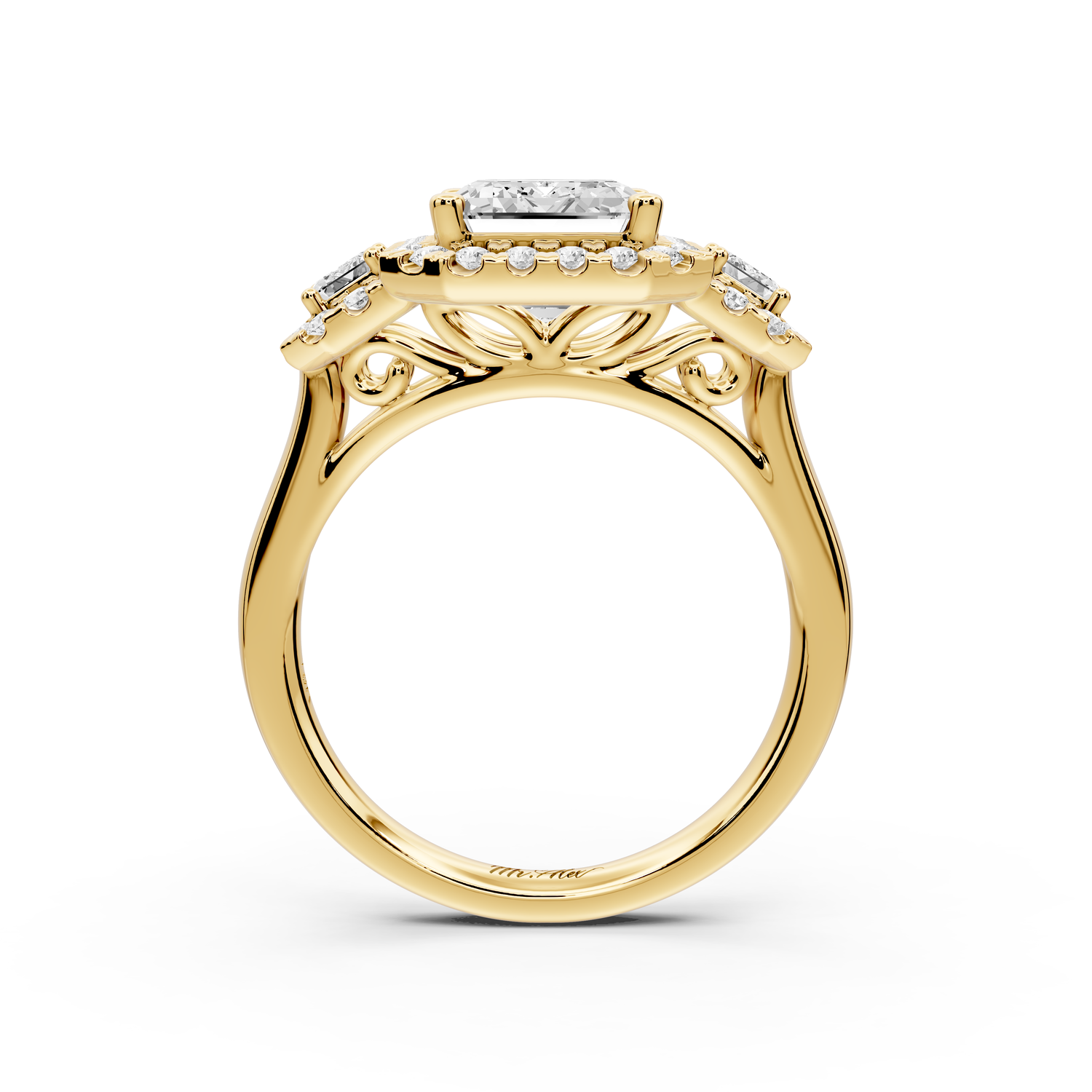 Iris - 3ct 14k yellow gold Three stone emerald Halo engagement ring