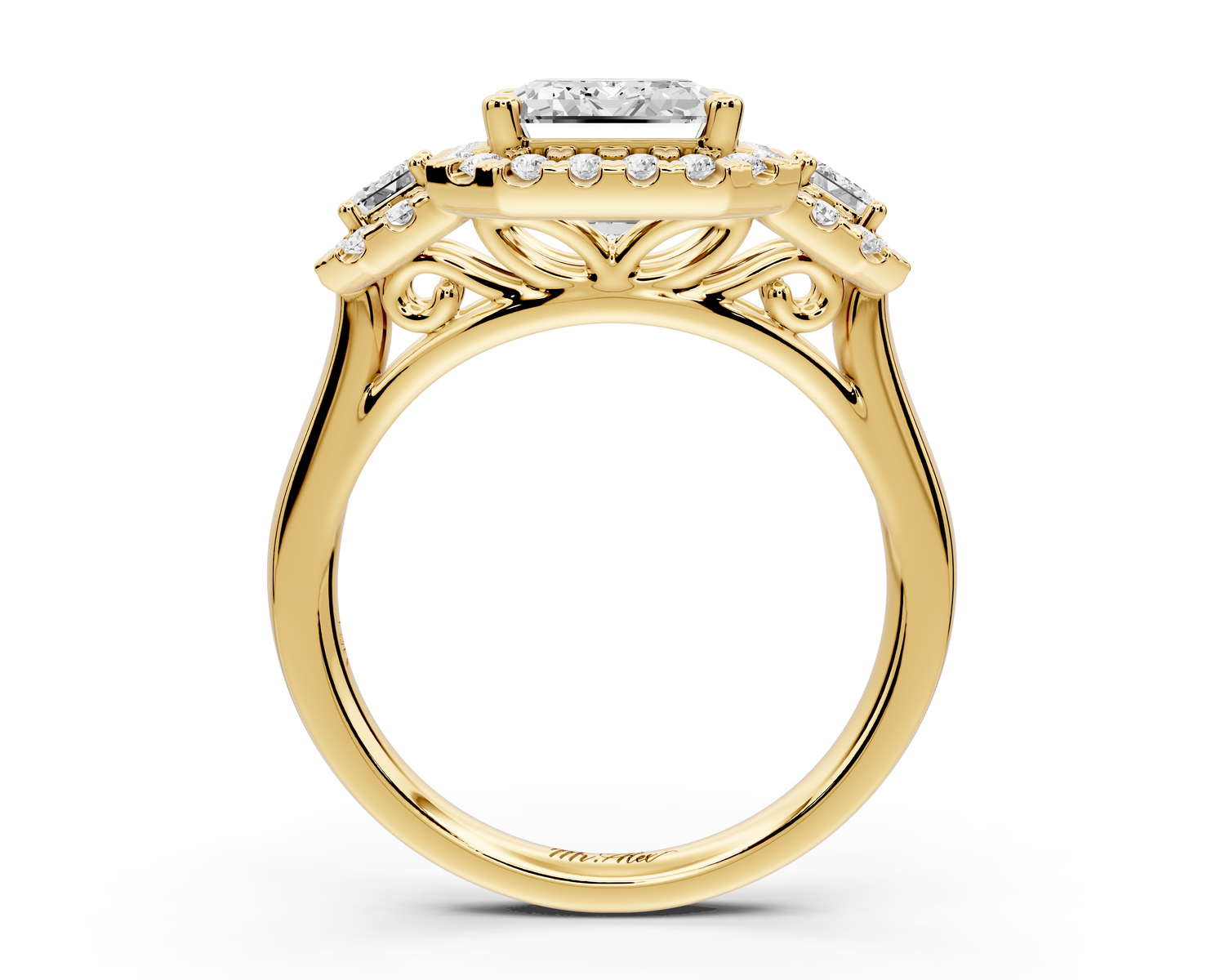 Iris - 3ct 18k yellow gold Three stone emerald Halo engagement ring