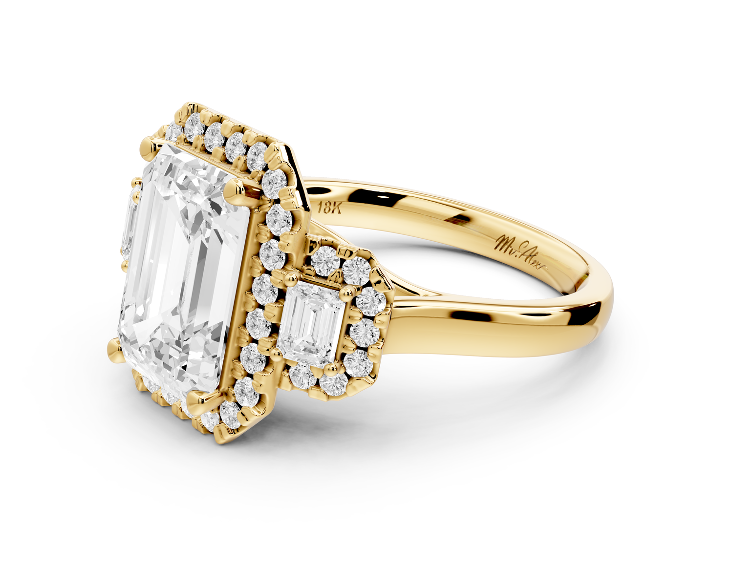 Iris - 3ct 18k yellow gold Three stone emerald Halo engagement ring