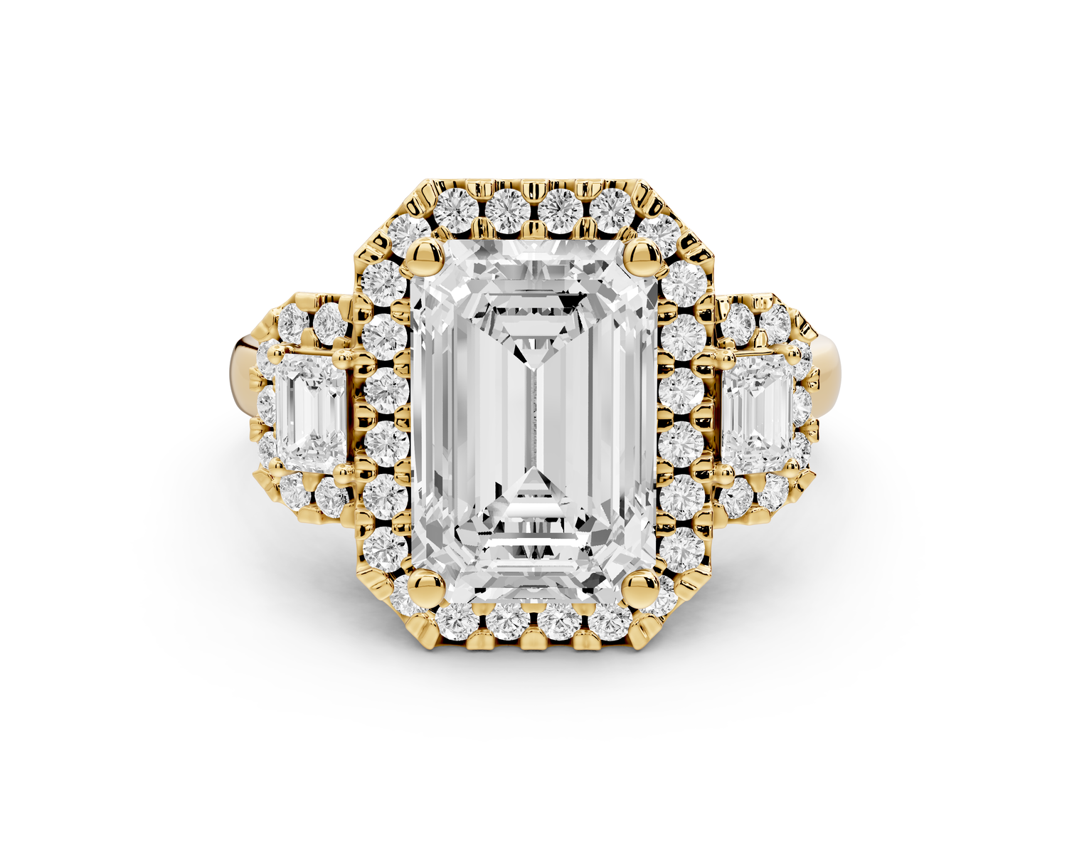 Iris - 3ct 14k yellow gold Three stone emerald Halo engagement ring