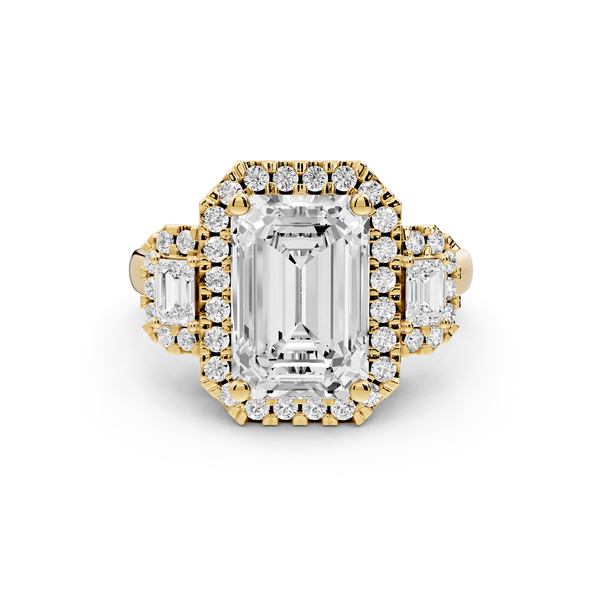 Iris - 3ct 14k yellow gold Three stone emerald Halo engagement ring