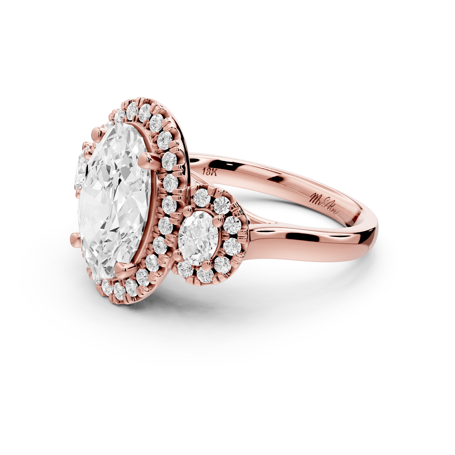 Iris - 3ct 14k rose gold Three stone oval Halo engagement ring