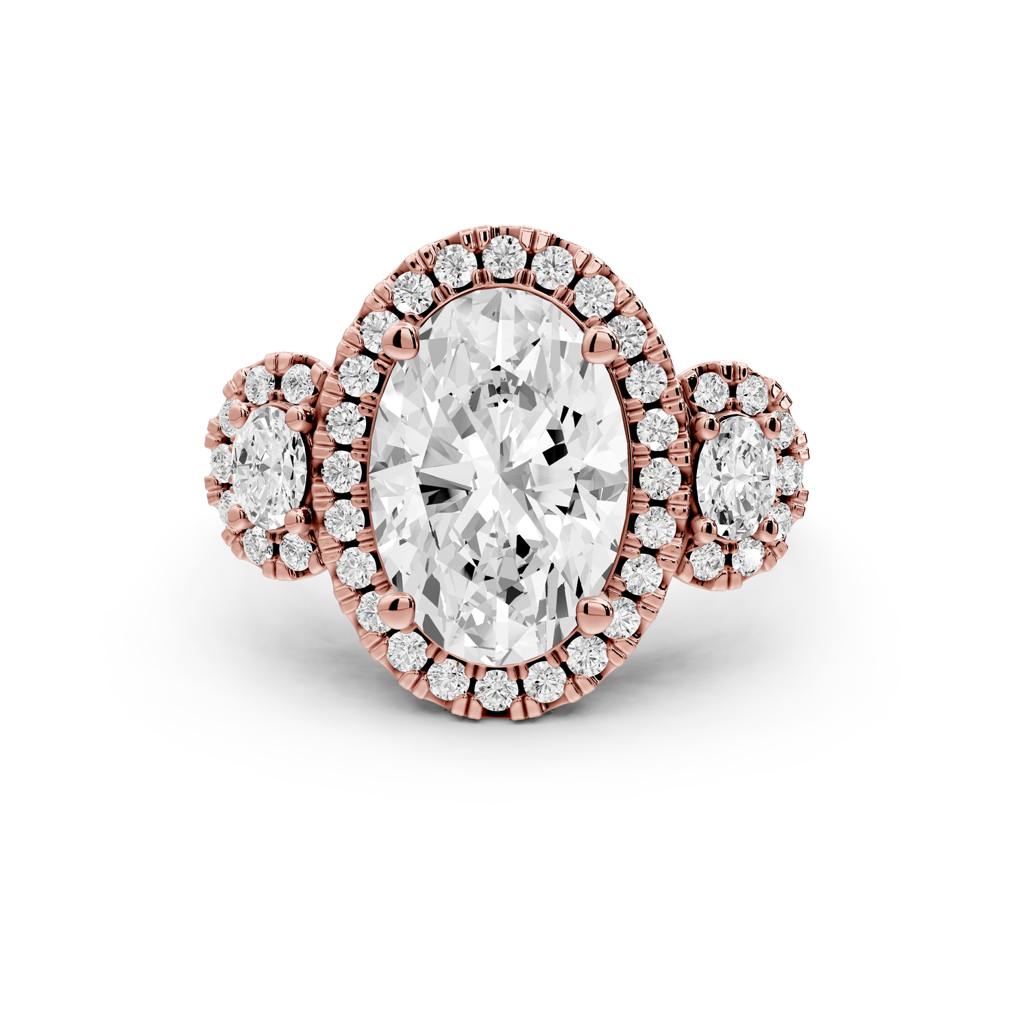 Iris - 3ct 14k rose gold Three stone oval Halo engagement ring