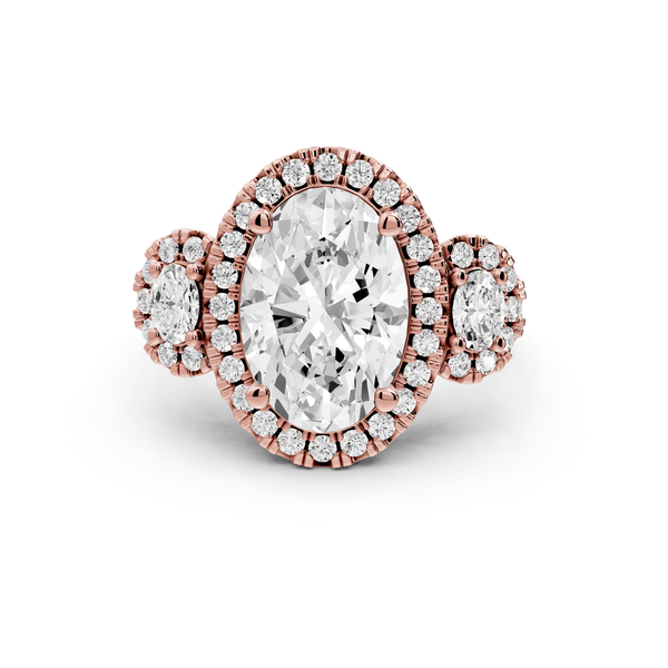 Iris - 3ct 14k rose gold Three stone oval Halo engagement ring
