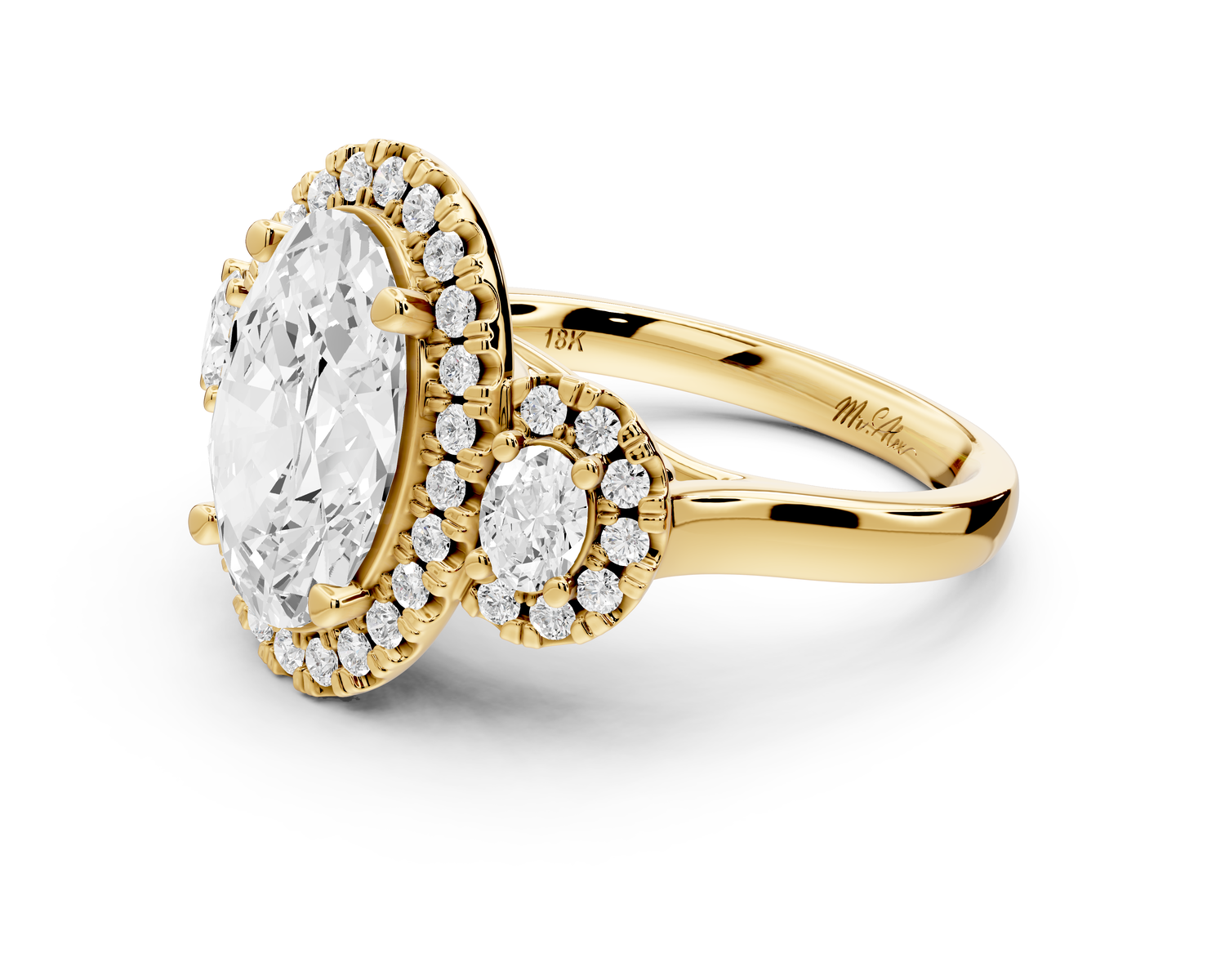 Iris - 3ct 18k yellow gold Three stone oval Halo engagement ring