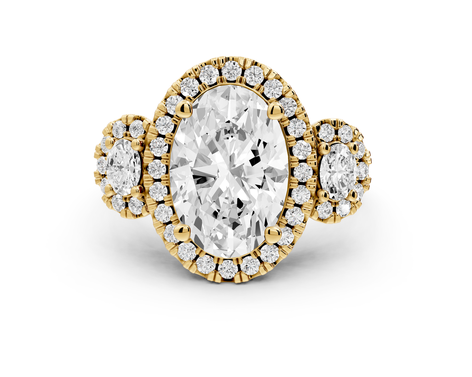 Iris - 3ct 14k yellow gold Three stone oval Halo engagement ring