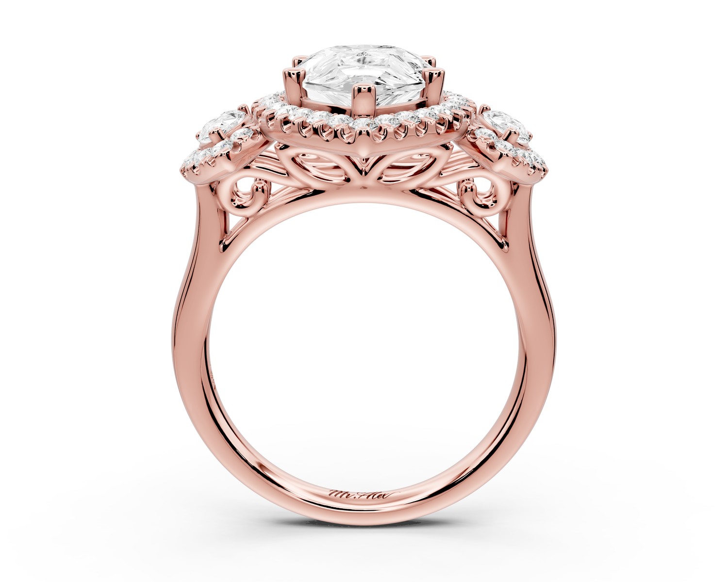 Iris - 3ct 14k rose gold Three stone pear Halo engagement ring
