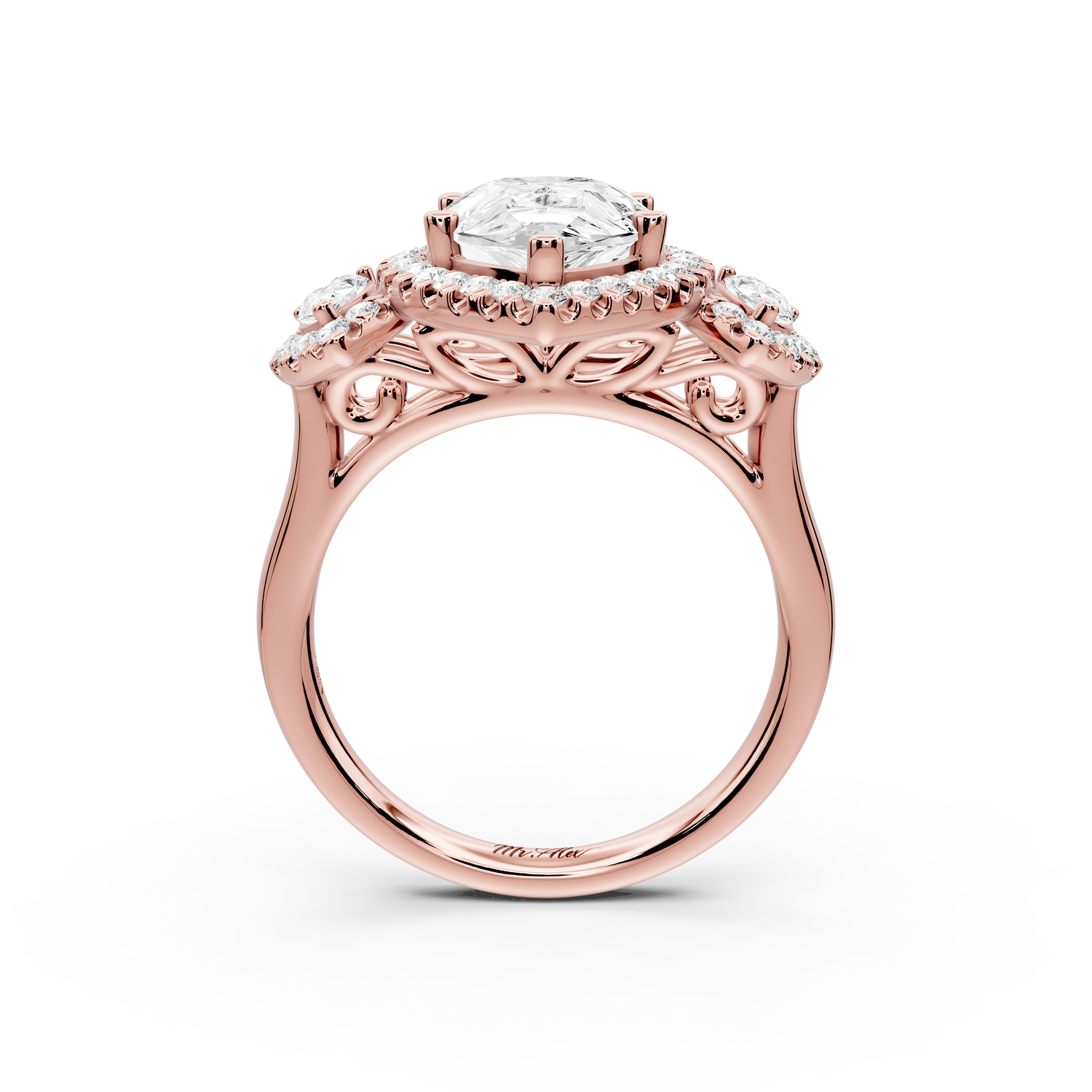 Iris - 3ct 14k rose gold Three stone pear Halo engagement ring