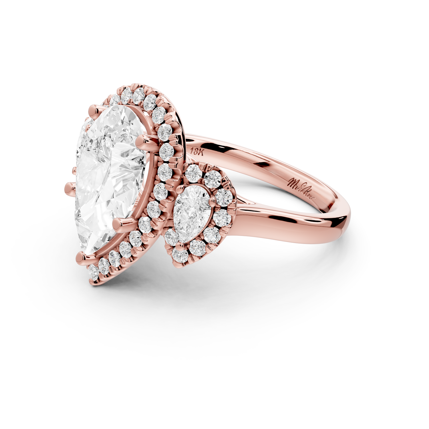 Iris - 3ct 18k rose gold Three stone pear Halo engagement ring