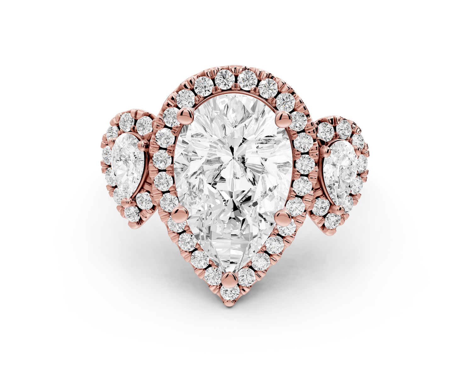 Iris - 3ct 14k rose gold Three stone pear Halo engagement ring