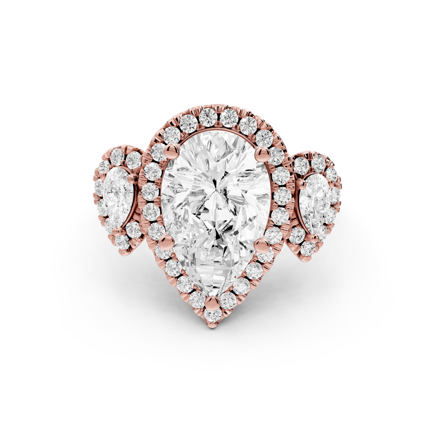 Iris - 3ct 14k rose gold Three stone pear Halo engagement ring